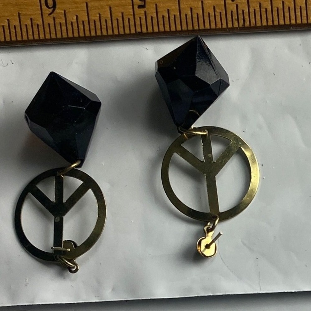 Peace Sign Dangle Earrings Black Gemstone Gold Tone Women's Fashion Jewelry